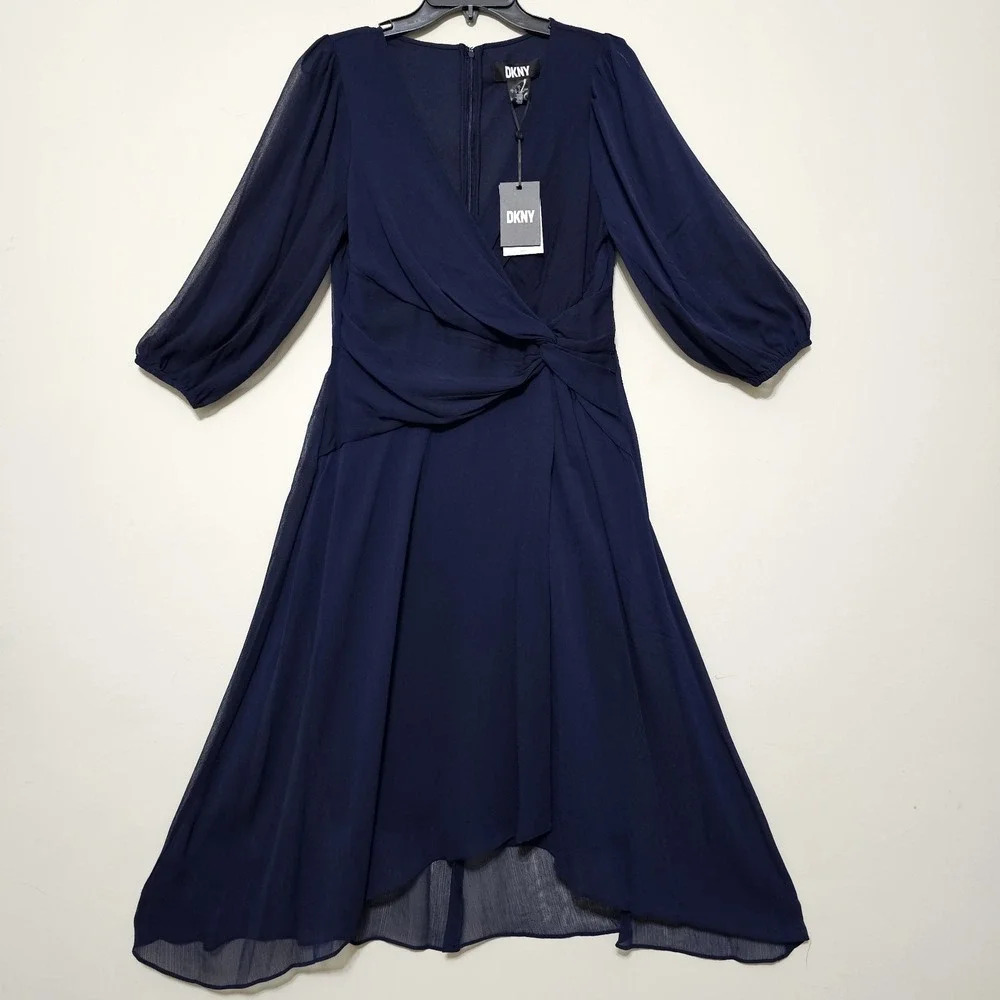 DKNY Women Dress Size 8 Fits Medium Faux Wrap V-Neck Long Sleeves Blue New - Picture 1 of 10